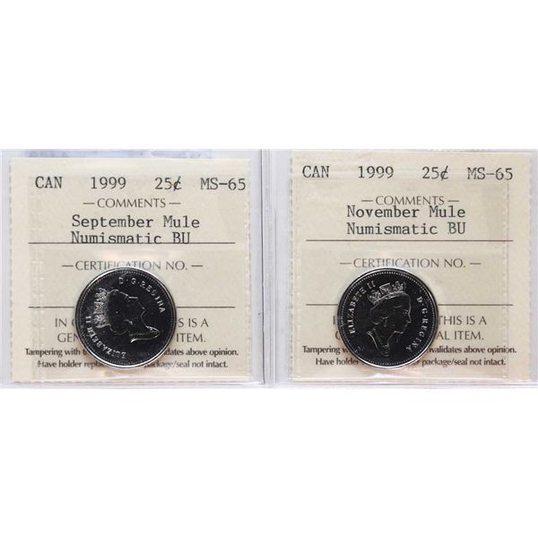 1999 25¢ "Sept & Nov Mules"  Both coins ICCS 65 NBU