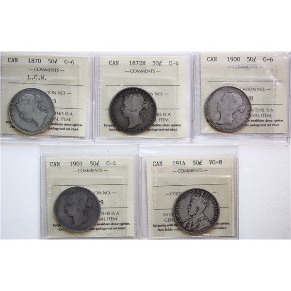 1870 50¢ "LCW", 1872H, 1900, 1901, 1914.  Lot of 5 coins ICCS Good-6 to Very Good-8