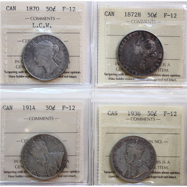 1870 50¢ "LCW", 1872H, 1914, 1936.  Lot of 4 coins ICCS Fine-12