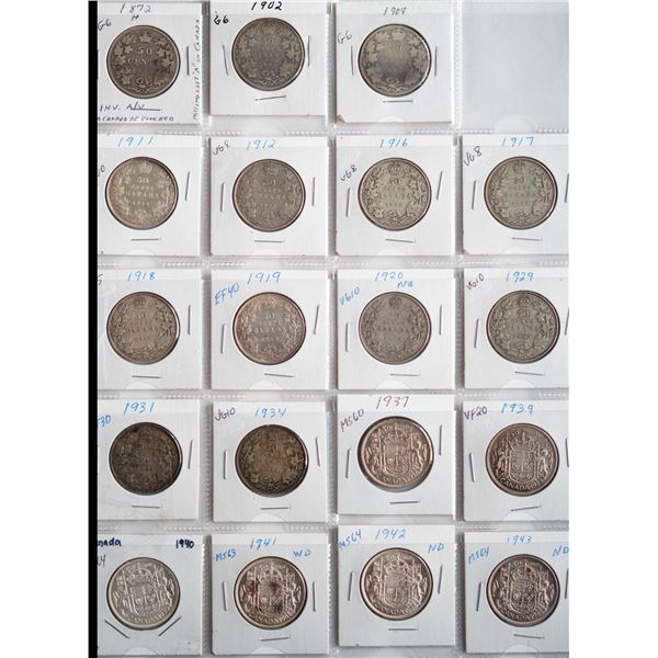1872H 50¢ A/V, 1902, 1909, 1911, 1912, 1916-1920, 1929, 1931, 1934 Good to VG(13 coins),  1943-1967(