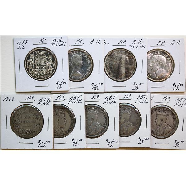 1900 50¢, 1906, 1913, 1916, 1934, 1953 "SD", 1953 "LDSS", 1950, 1951.  Lot of 9 coins about Fine to 