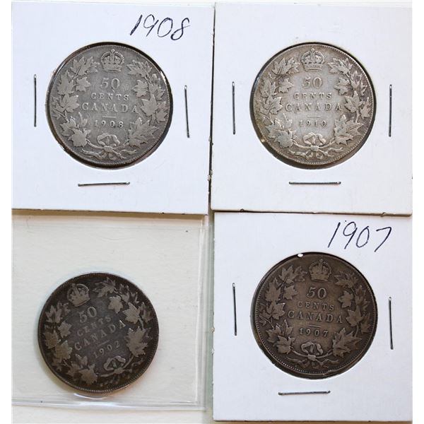 1902 50¢, 1907, 1908, 1910 "VL", Lot of 4 coins VG to Fine.