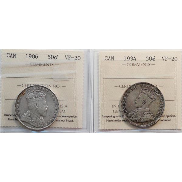 1906 50¢, 1934.  Both coins ICCS Very Fine-20