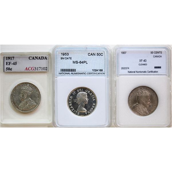 1907 50¢ Cleaned, 1917, 1953 "Small Date".  Lot of 3 coins certified Extra Fine-40 to Choice Mint St