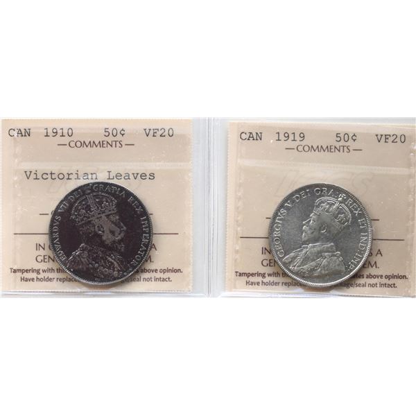 1910 50¢ "Victorian Lvs",1919. Both coins  ICCS Very Fine-20