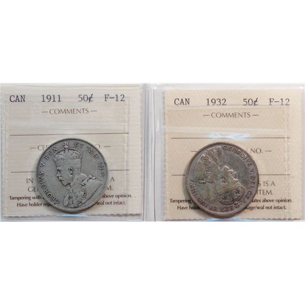 1911 50¢, 1932.  Both coins ICCS Fine-12