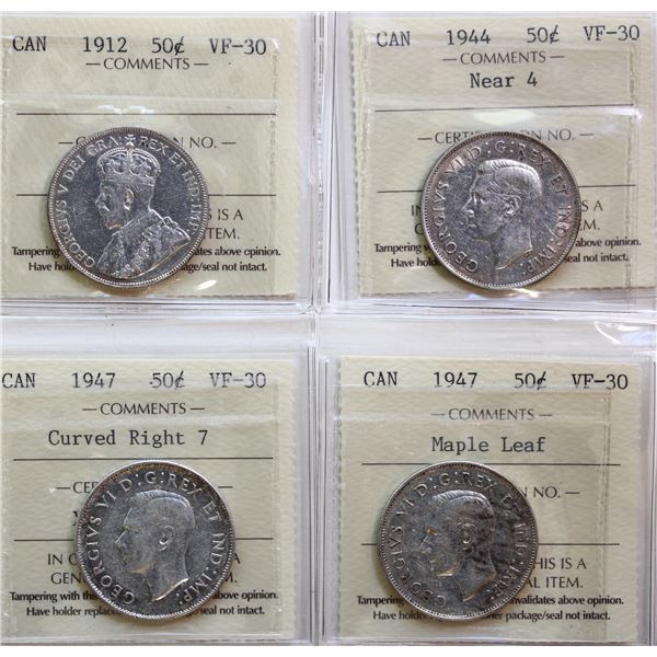 1912 50¢, 1944 "N4", 1947 "Curved Right 7", 1947 "ML",  Lot of 4 coins  all ICCS Choice Very Fine-30
