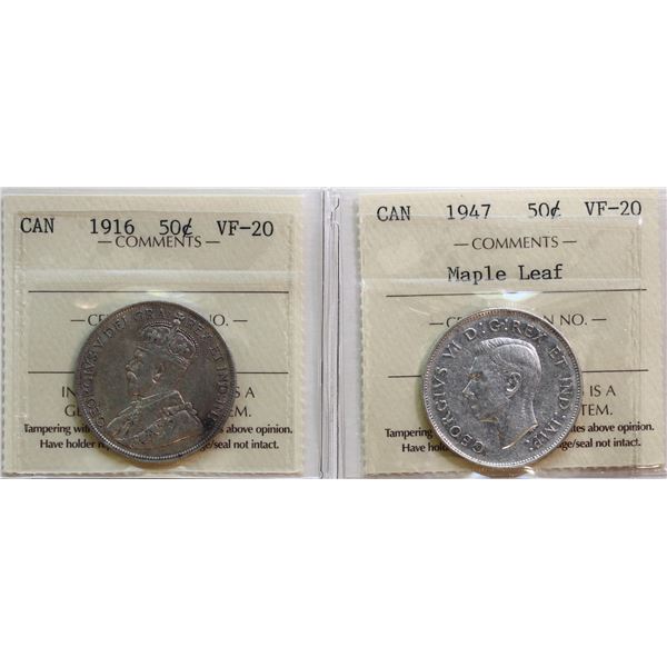 1916 50¢, 1947 "ML".  Both coins ICCS Very Fine-20