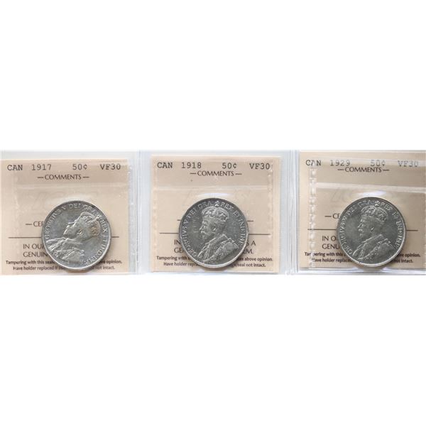 1917 50¢, 1918, 1929. Lot of 3 coins all  ICCS Choice Very Fine-30