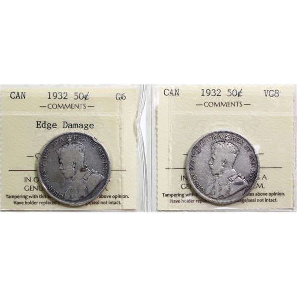 1932 50¢ (2) ICCS Good-6 & Very Good-8 with Edge Damage