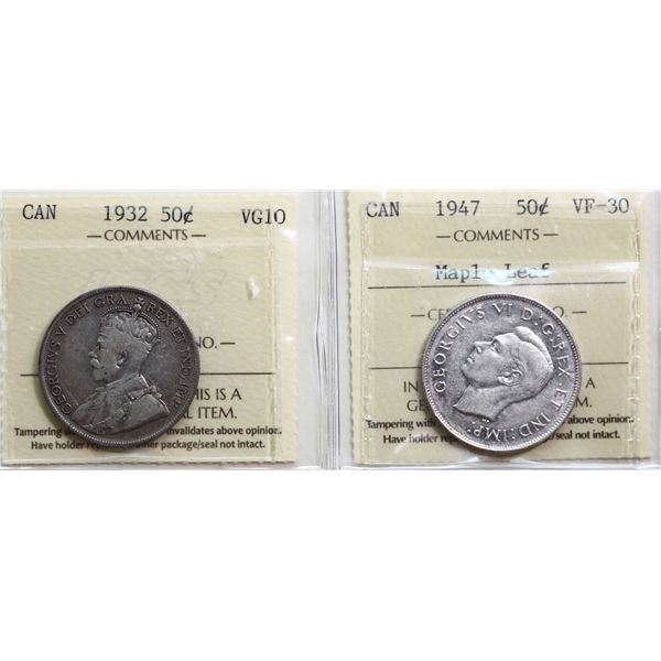 1932 50¢, 1947 "Maple Leaf". Both coins ICCS Very Good-10 to Choice Very Fine-30
