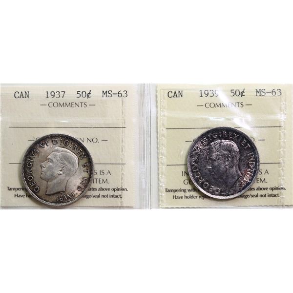 1937 50¢, 1939. Both coins ICCS Choice Mint State-63