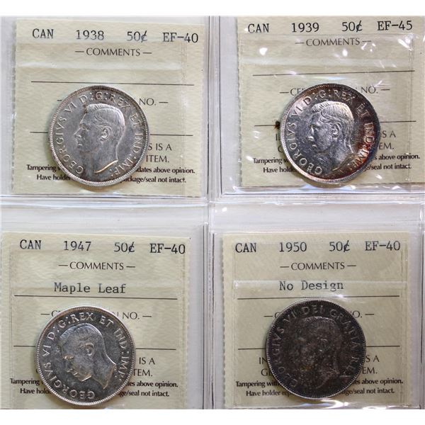 1938 50¢, 1939, 1947 "Maple Leaf", 1950 "No Design".  Lot of 4 coins ICCS Extra Fine-40 to Choice Ex
