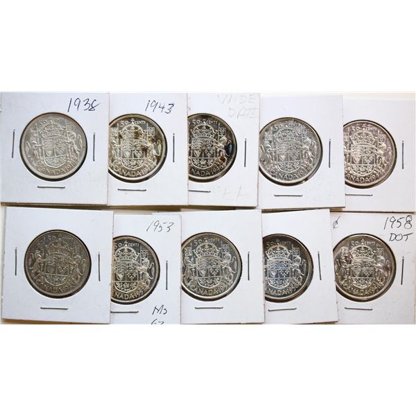 1938-1958 "Dot" 50¢ All 10 coins VF to Uncirculated.
