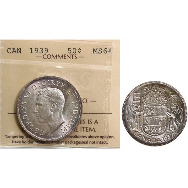 1939 50¢ ICCS Choice Mint State-64.  Highly lustrous.
