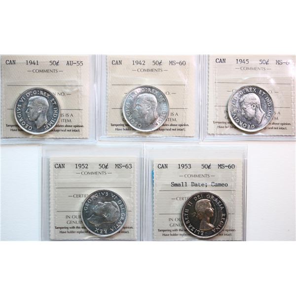 1941 50¢, 1942, 1945, 1952, 1953 "Small Date; Cameo".  Lot of 5 coins ICCS Choice About Uncirculated