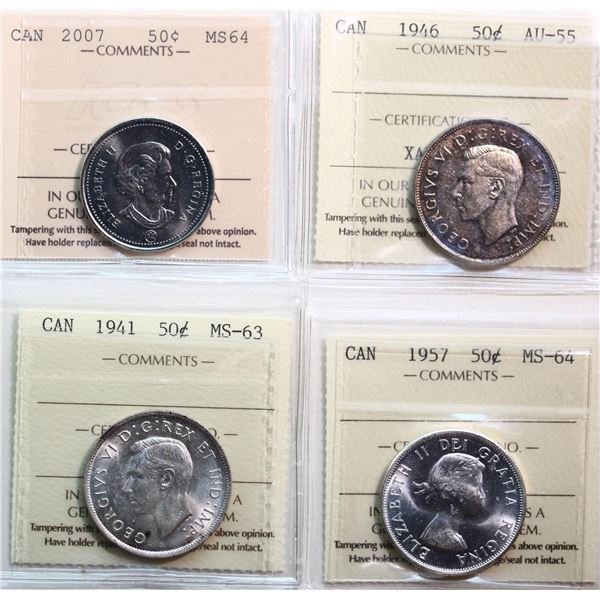 1941 50¢, 1946, 1957, 2007, all 4 coins ICCS Choice About Uncirculated-55 to Choice Mint State-64
