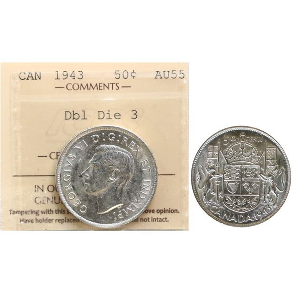1943 50¢ "Dbl Die 3" ICCS Choice About Uncirculated-55 Brilliant and lustrous.