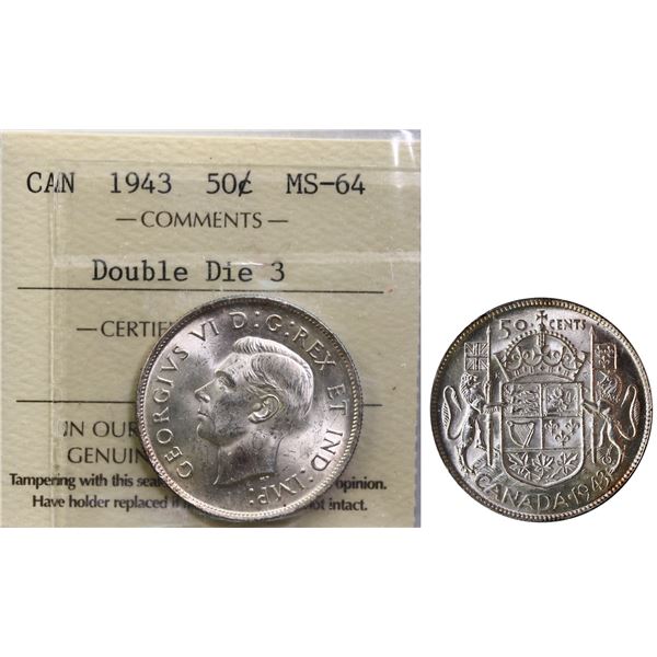 1943 50¢ "Dbl Die" ICCS Choice Mint State-64