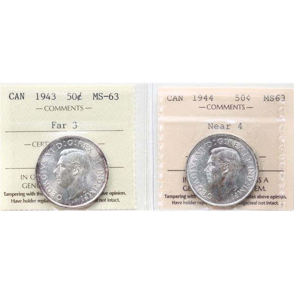 1943 50¢ "Far3", 1944 "Near4". Both coins  ICCS Choice Mint State-63