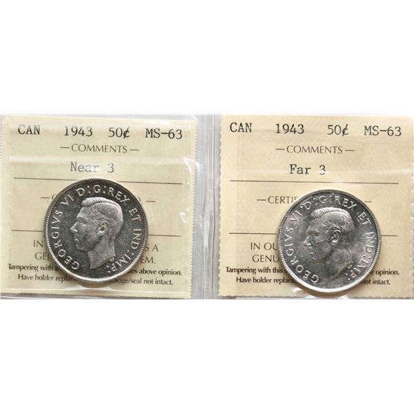 1943 50¢ "Near 3 & Far 3" Both coins ICCS Choice Mint State-63 and Brilliant