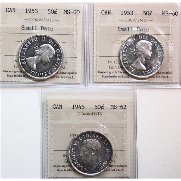 1945 50¢, 1953 "Small Date" (2).  Lot of 3 coins ICCS Mint State-60 to Choice Mint State-62