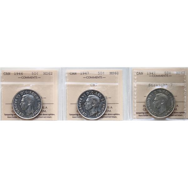 1946 50¢, 1947 "Cr7, 1947 "Straight 7". Lot of 3 coins, all  ICCS Mint State-60 to Choice Mint State