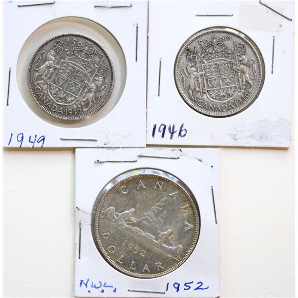 1946 50¢, 1949, 1952 $1 "NWL" Lot of 3 coins  Fine to AU.