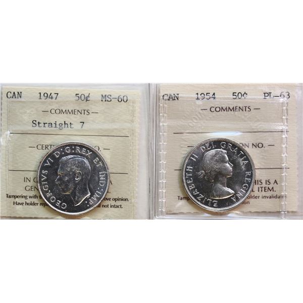 1947 50¢ "Straight 7", 1954.  Both coins ICCS Mint State-60 to Choice Proof-Like-63