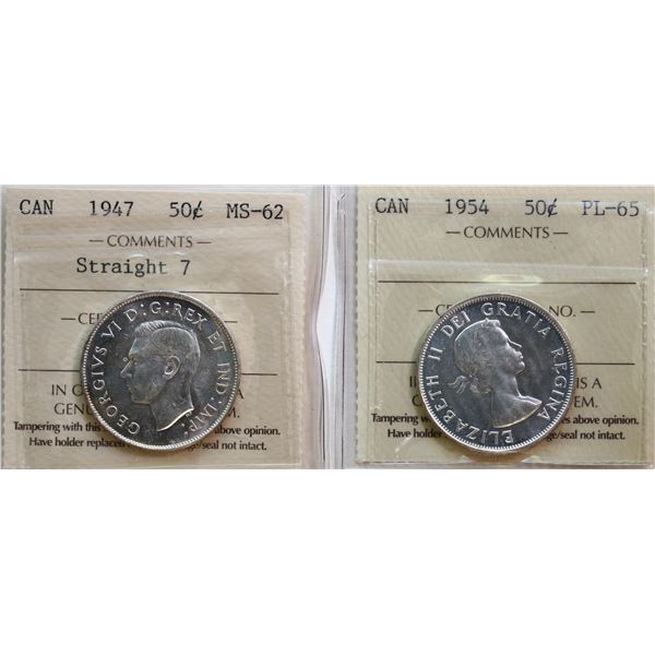 1947 50¢ "Straight 7", 1954.  Both coins ICCS Choice Mint State-62 to Gem Proof-Like-65