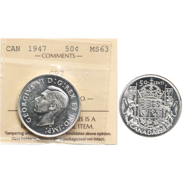 1947 50¢ "Curved Right 7" ICCS Choice Mint State-63, Fully brilliant and lustrous.