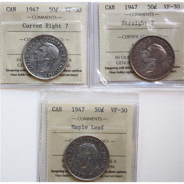 1947 50¢ "Curved Right 7", 1947 "Straight 7", 1947 "ML".  Lot of 3 coins all ICCS Choice Very Fine-3