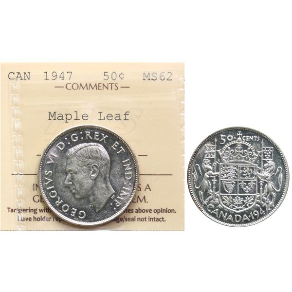 1947 50¢ "Maple Leaf" ICCS Choice Mint State-62, Fully brilliant.