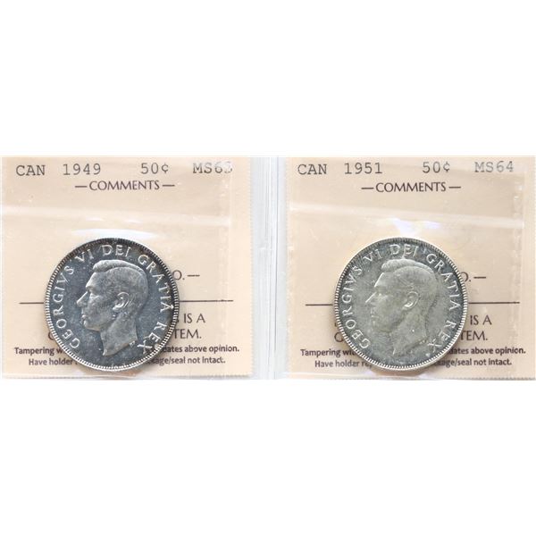 1949 50¢, 1951. Both coins  ICCS Choice Mint State-63 to Choice Mint State-64