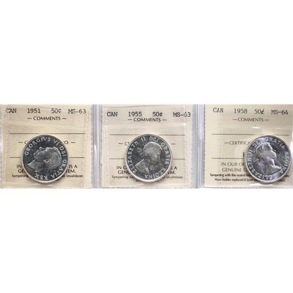 1951 50¢, 1955 & 1958 ICCS Choice Mint State-63 to Choice Mint State-64.  Lot of 3 coins.