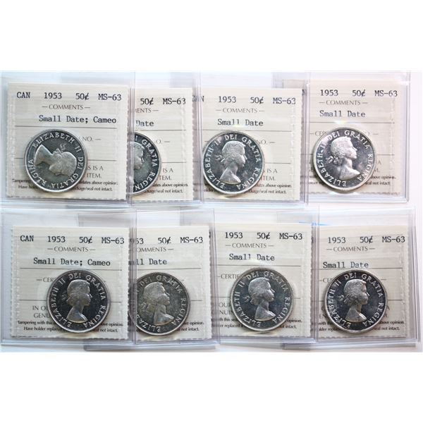 1953 50¢ "Small Date" (8).  Lot of 8 coins all certified ICCS Choice Mint State-63