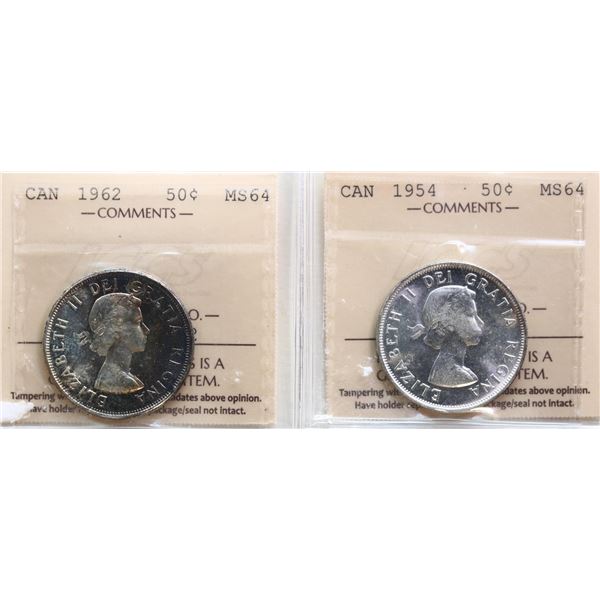 1954 50¢, 1962 Both coins ICCS Choice Mint State-64.