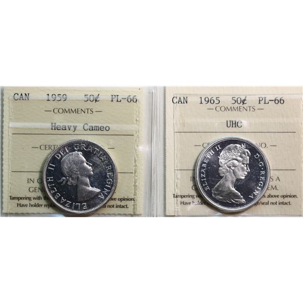 1959 50¢ "Heavy Cameo",1965 50¢ "UHC". Both coins ICCS Superb Gem Proof-Like-66