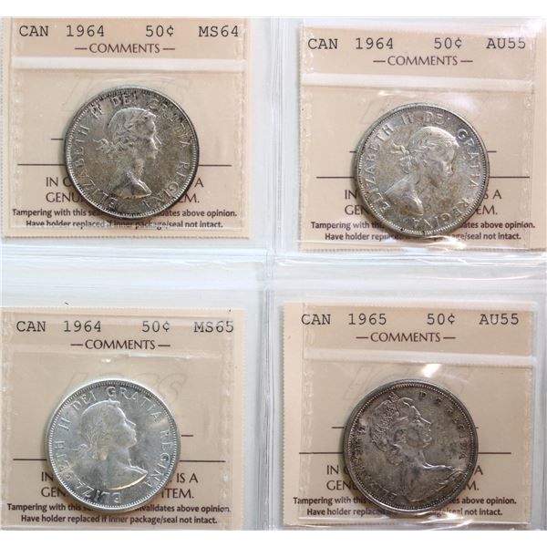 1964 50¢ (3), 1965, All 4 coins ICCS Choice About Uncirculated-55 to Gem Mint State-65.
