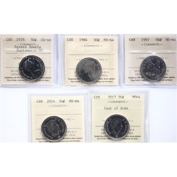 1978 50¢ Sq Jewels. 1984, 1997, 2014 & 2017 all ICCS graded Choice Mint State-64 to Superb Gem Mint 