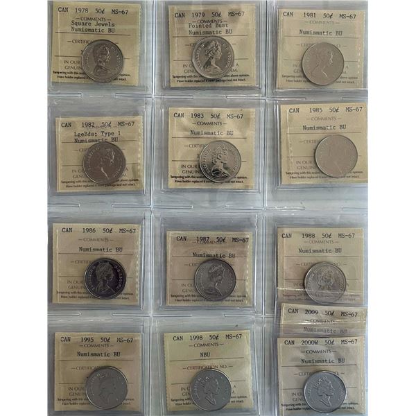 1978 50¢ to 2009 all ICCS Superb Gem Mint State-67 NBU. Lot of 13 coins.