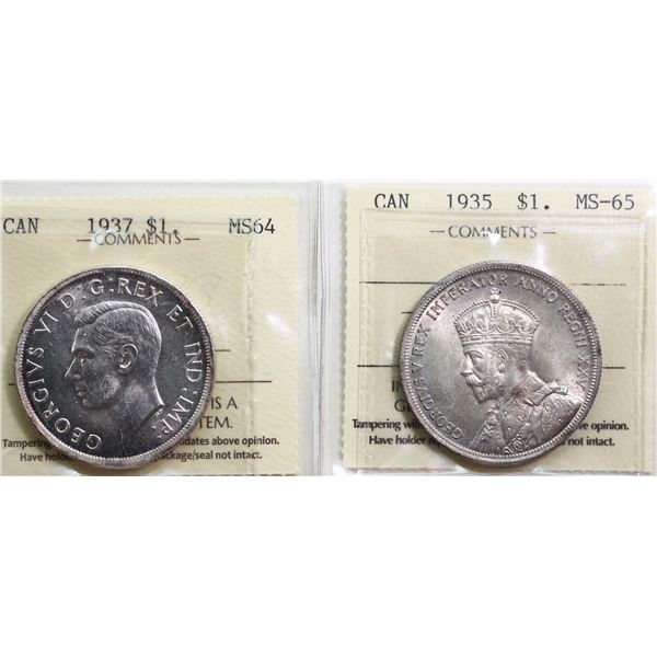 1935 $1 ICCS Gem Mint State-65, 1937 ICCS Choice Mint State-64