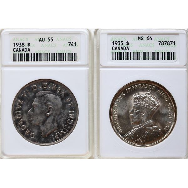 1935 $1  ANACS Choice Mint State-64, 1938 $1 ANACS Choice About Uncirculated-55, Lot of 2 coins.