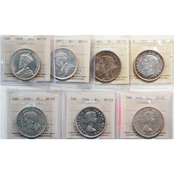 1935 $1, 1936, 1951 (2), 1952 "SWL",1954 "Cameo", 1957.  All 7 coins ICCS AU-55
