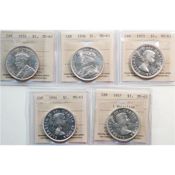 1935 $1, 1936, 1953, 1954, 1957 "1 Waterline".  All 5 coins ICCS Choice Mint State-63