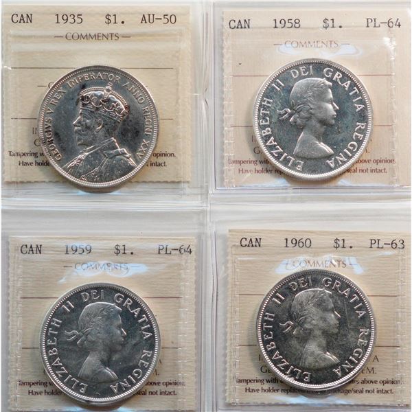 1935 $1, 1958 "Cameo", 1959, 1960.  Lot of 4 coins ICCS About Uncirculated-50 to MS-64