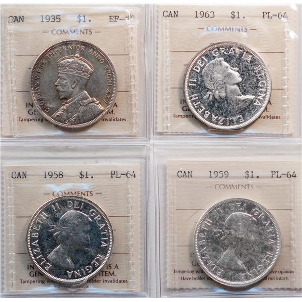 1935 $1, 1963 "Cameo", 1958, 1959.  Lot of 4 coins ICCS Extra Fine-40 to Choice Proof-Like-64