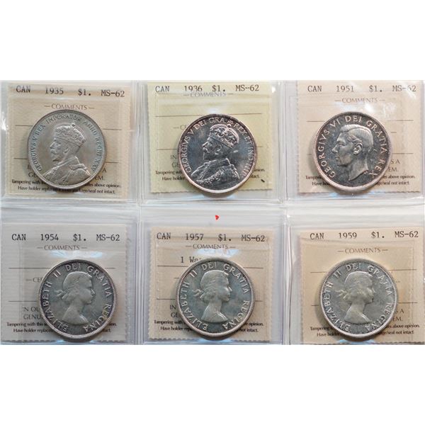 1935 $1,1936, 1951, 1954, 1957 "1 Waterline", 1959. lot of 6 coins ICCS Choice Mint State-62