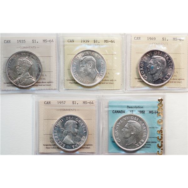 1935 $1,1939, 1949, 1957, 1952. lot of 5 coins ICCS & CCCS Choice Mint State-64