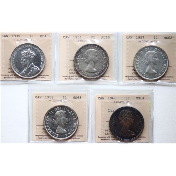 1935 $1 Dbl XXV ICCS Extra Fine-40, 1954 $1 SWL ICCS About Uncirculated-50, 1957 $1 ICCS Choice Mint